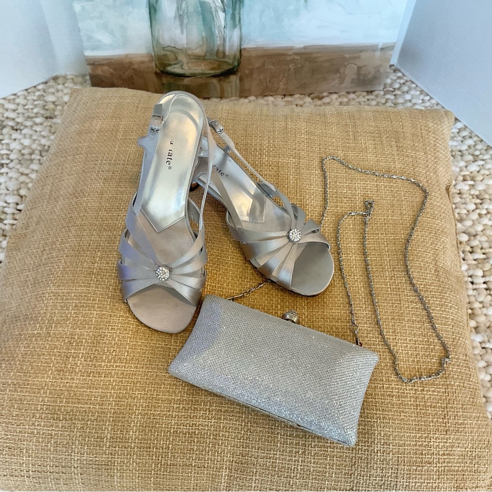 David Tate Rosette Silver Satin Sandals Size 8.5W BUNDLE - Picture 2 of 7